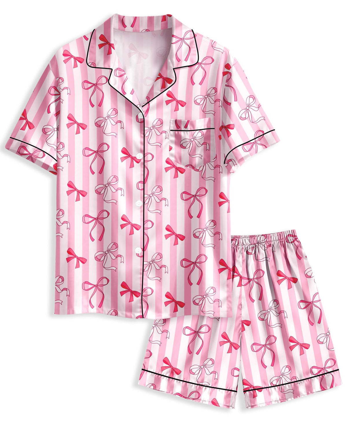 Girls Pajamas Satin Pajama Set Silk Pjs Short Sleeve Button Down Summer Bow Sleepwear for Big Kids 7-14Y