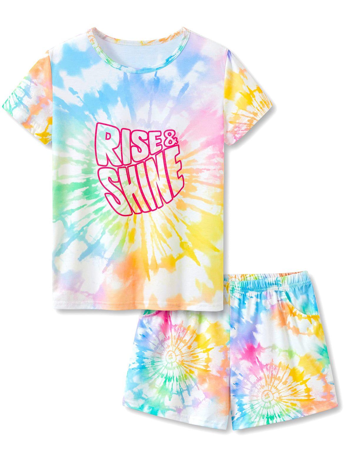 Beezizac Girls Pajamas Neon Tie Dye Spiral Capybara Smiling Face Print T-shirt & Shorts 2-Piece Soft PJ Set Size 6-18