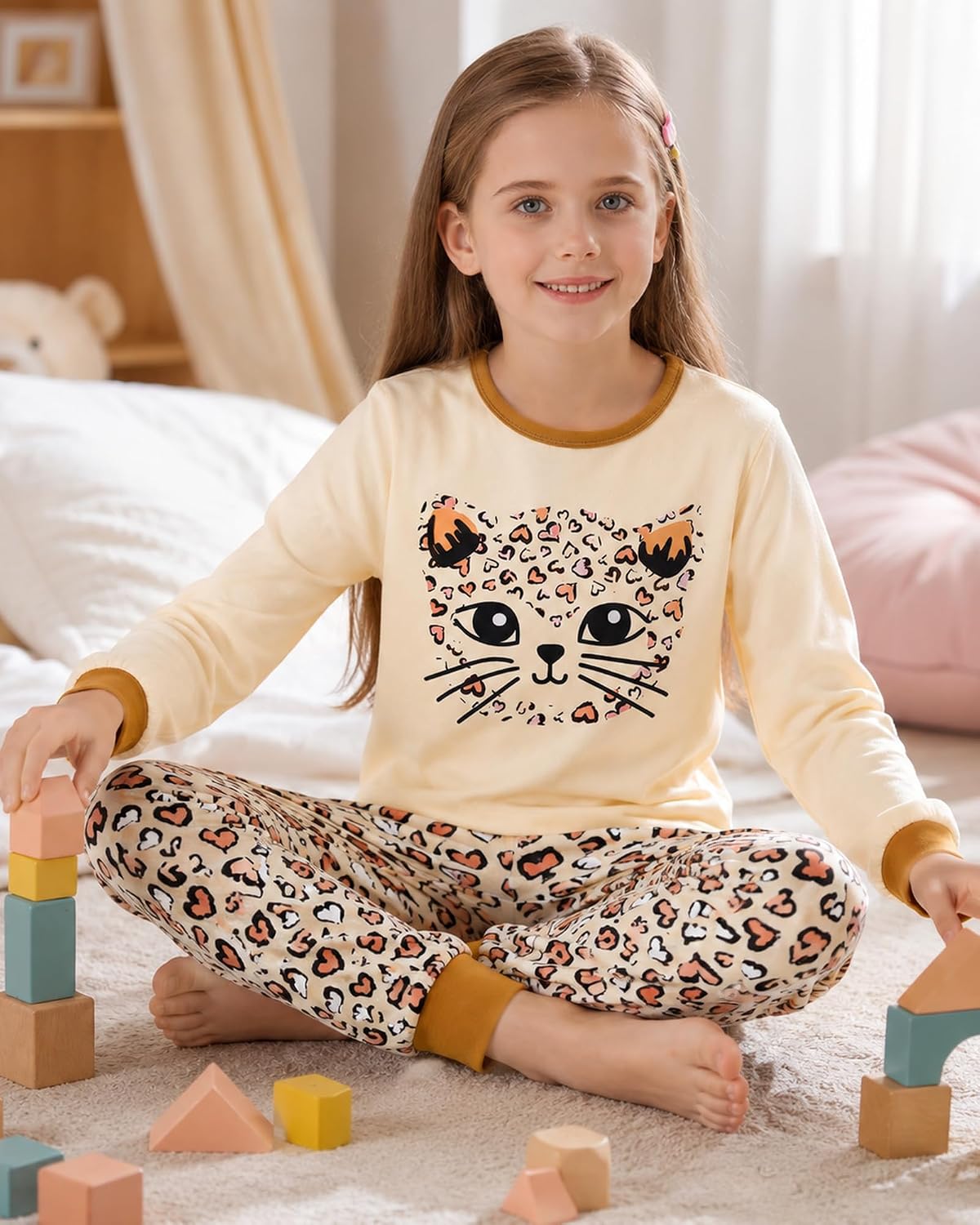 CARETOO Girls Pajamas Kids Cotton Pajama Sets 2-Piece Long Sleeve Pjs Comfy Girls Sleepwear for 4-12 Years