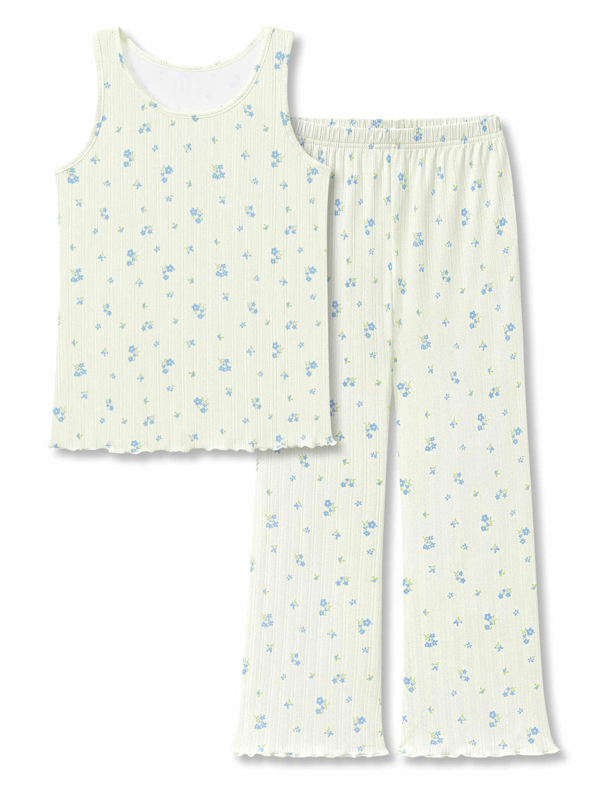 Beezizac Girls Pointelle Pajamas Floral Tank and Wide Leg Pants Size 6-18
