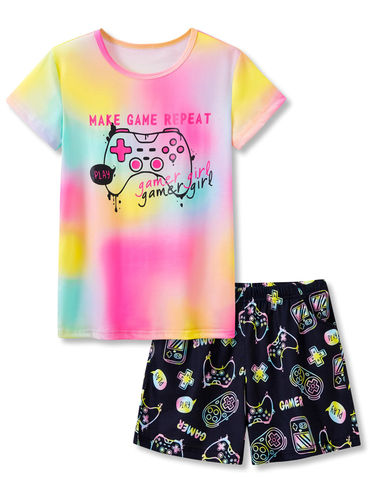 Tebbis Girls Pajama Set Tie Dye Cute Prints Tee & Shorts Sizes 6-18