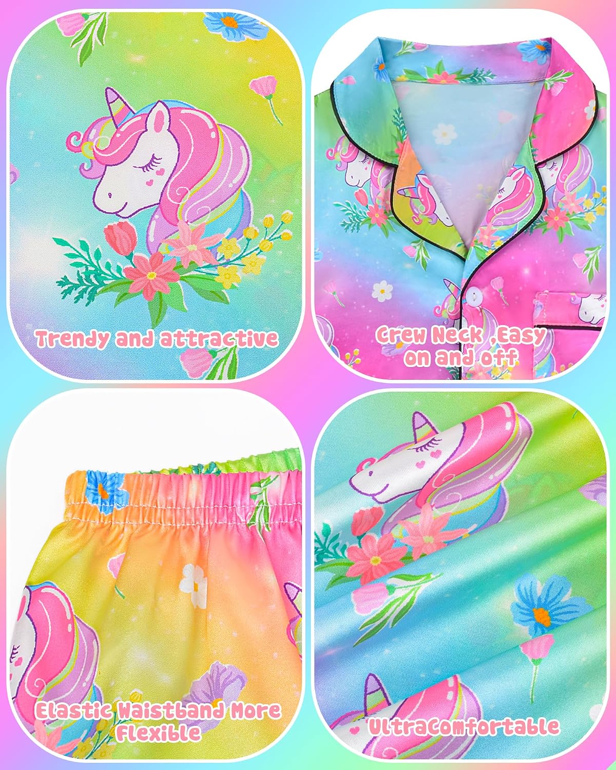 Sylfairy Girls Satin Pajamas Silk PJS Set Rainbow Unicorn Sleepwear Short Sleeve Long Pants Jammies for Toddler Kids