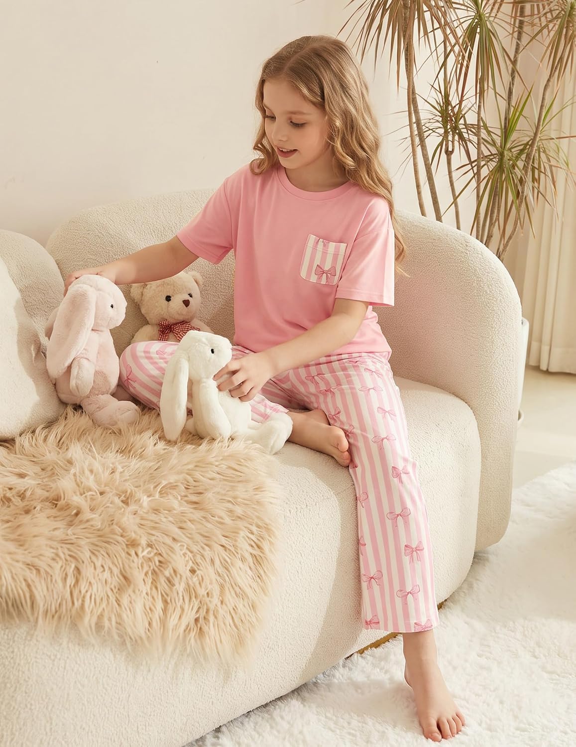 Arshiner Girls' Sleepwear Short Sleeve Long Pants Pajamas Sets Soft Pjs