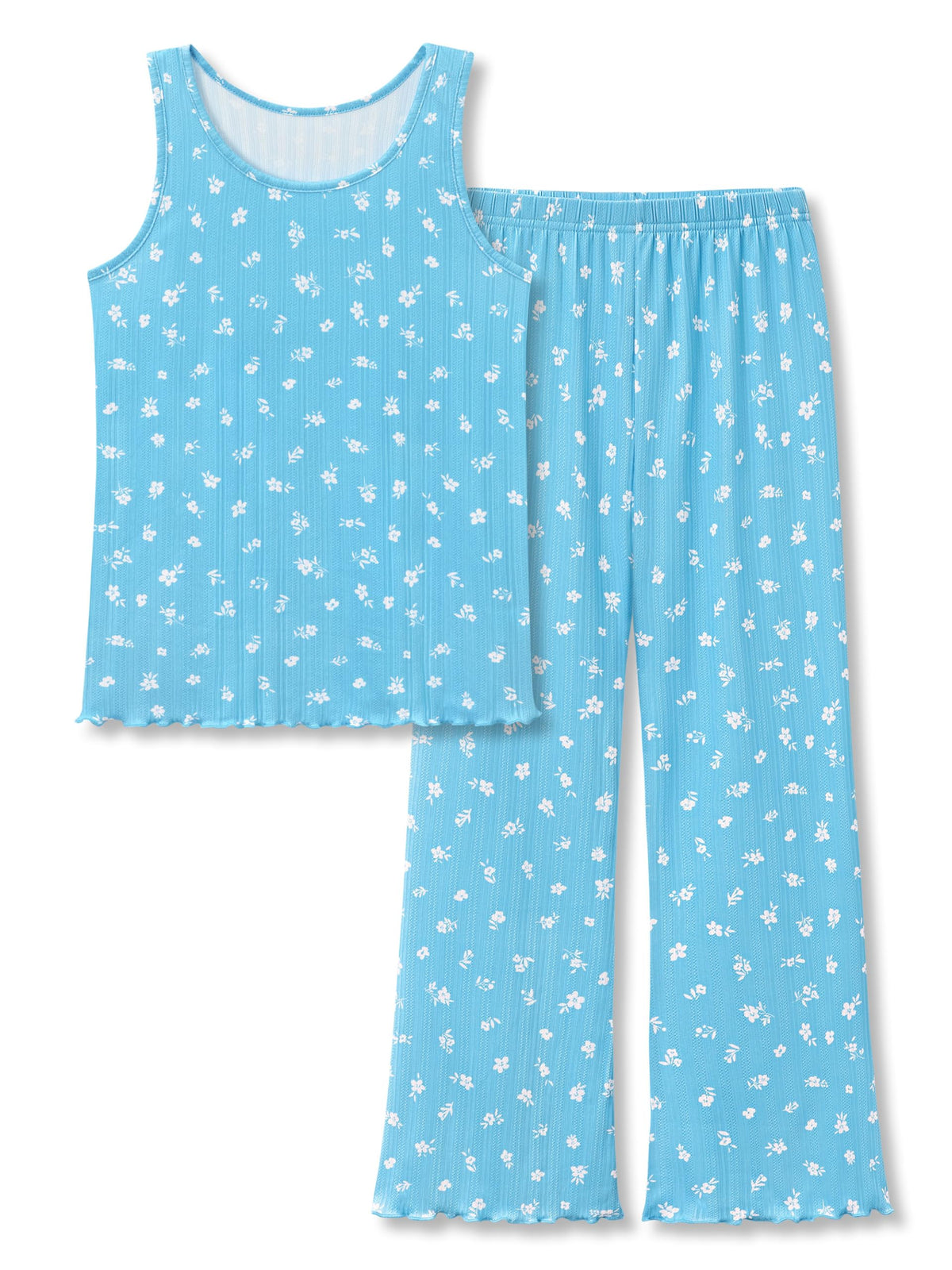 Beezizac Girls Pointelle Pajamas Floral Tank and Wide Leg Pants Size 6-18