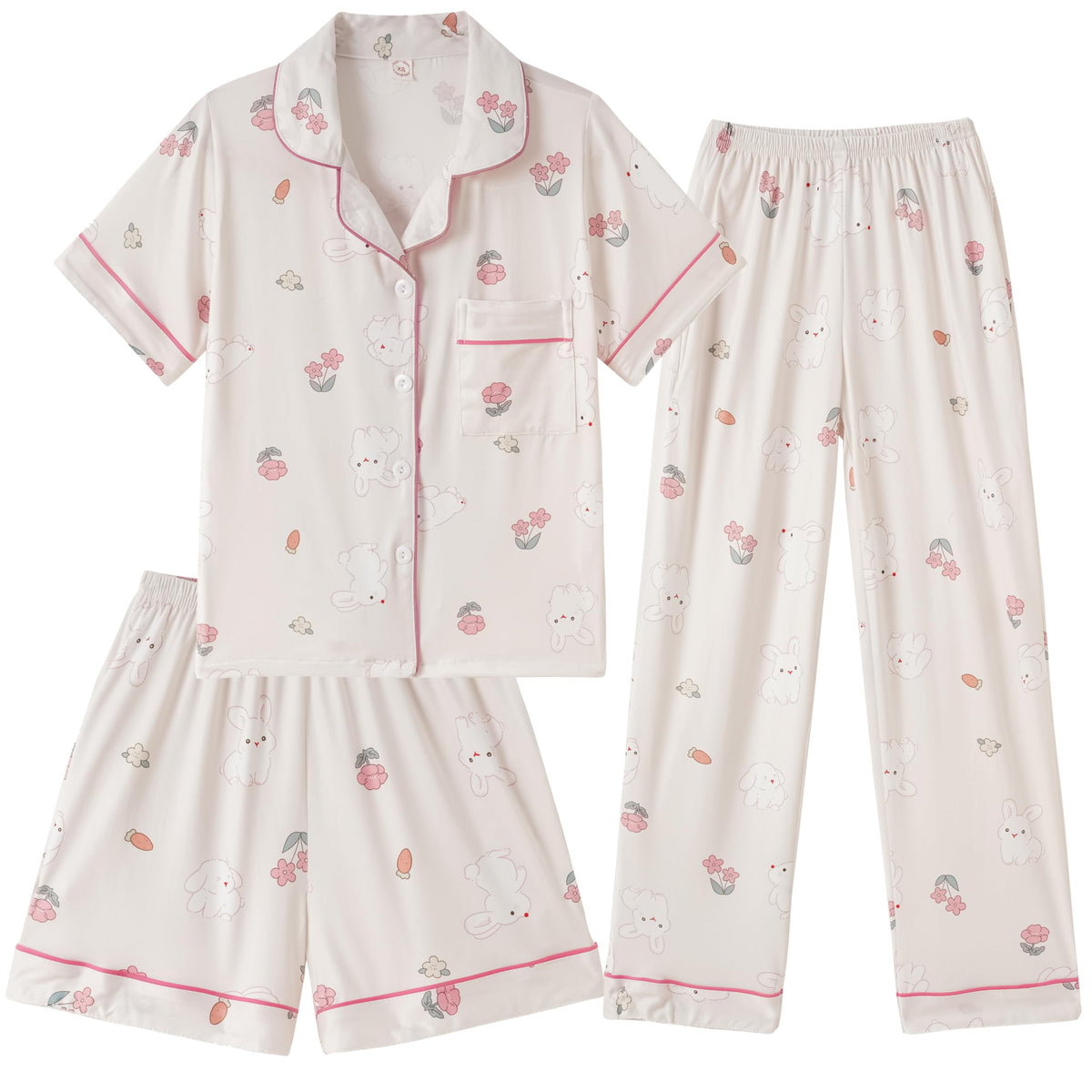 Hupohoi Girls Pajamas 3 Piece Button Down Sleepwear Outfit with Pockets PJS