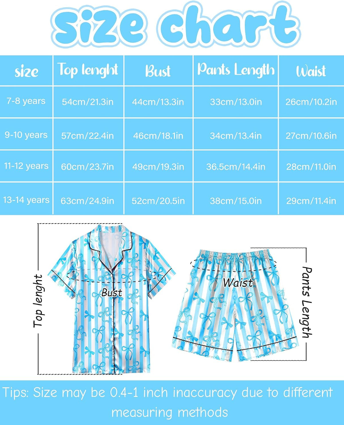 Sylfairy Girls Pajamas Silk PJS Set Bow Satin Sleepwear Short Sleeve Jammies for Kids Button-Down Nightwear size 7-8 10-12