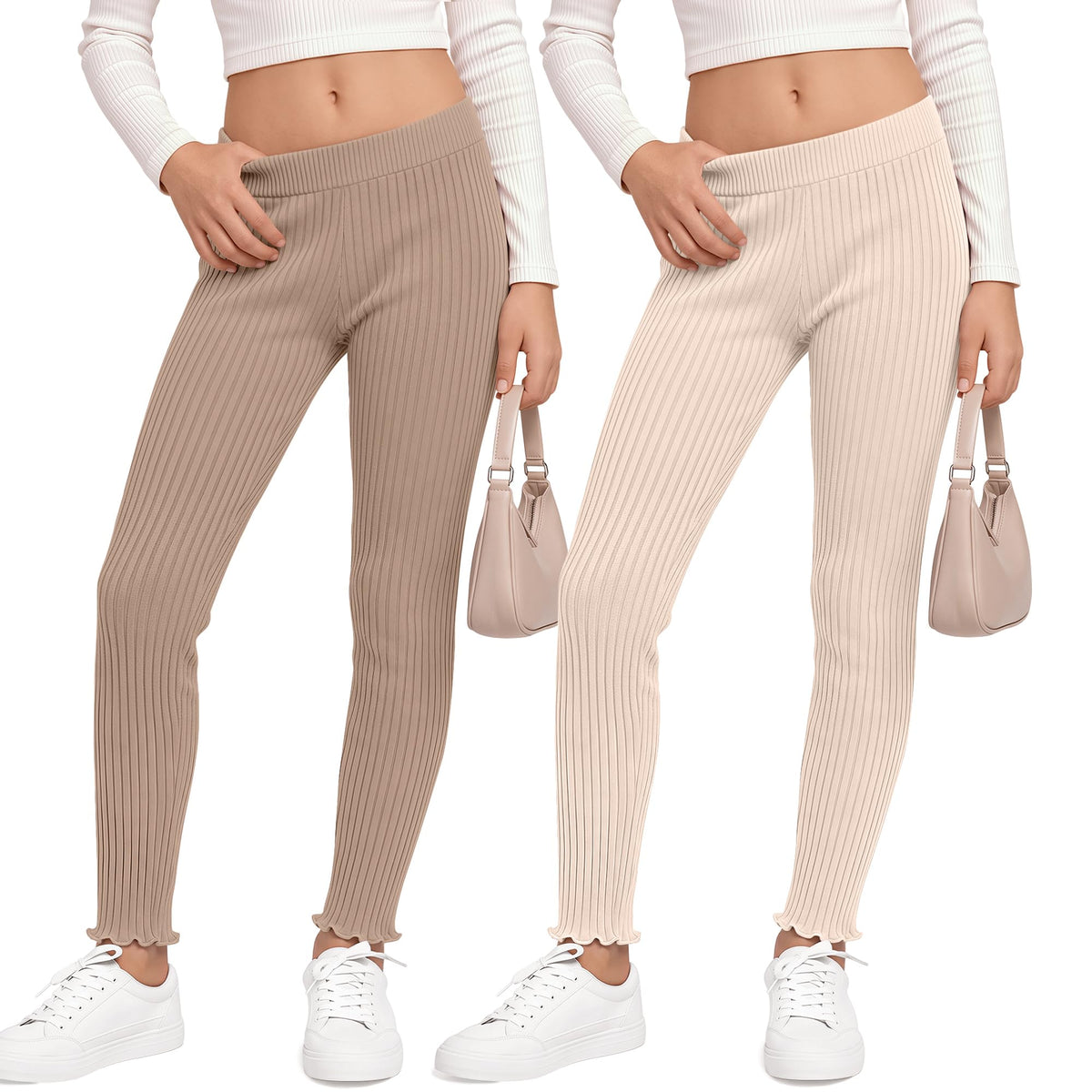 2 Pack Girl's Ribbed Knit Leggings Ruffle Tights