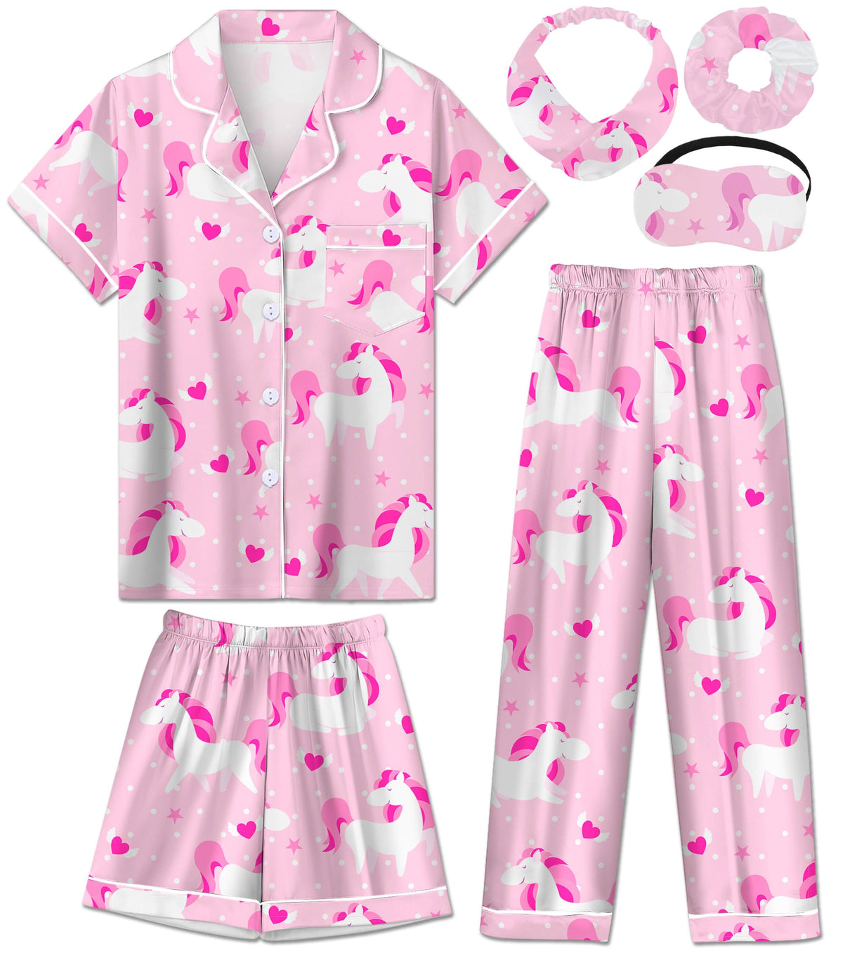 Silk Pajamas for Girls Satin Pajama Kids 3Pcs Short Sleeve Pjs Set