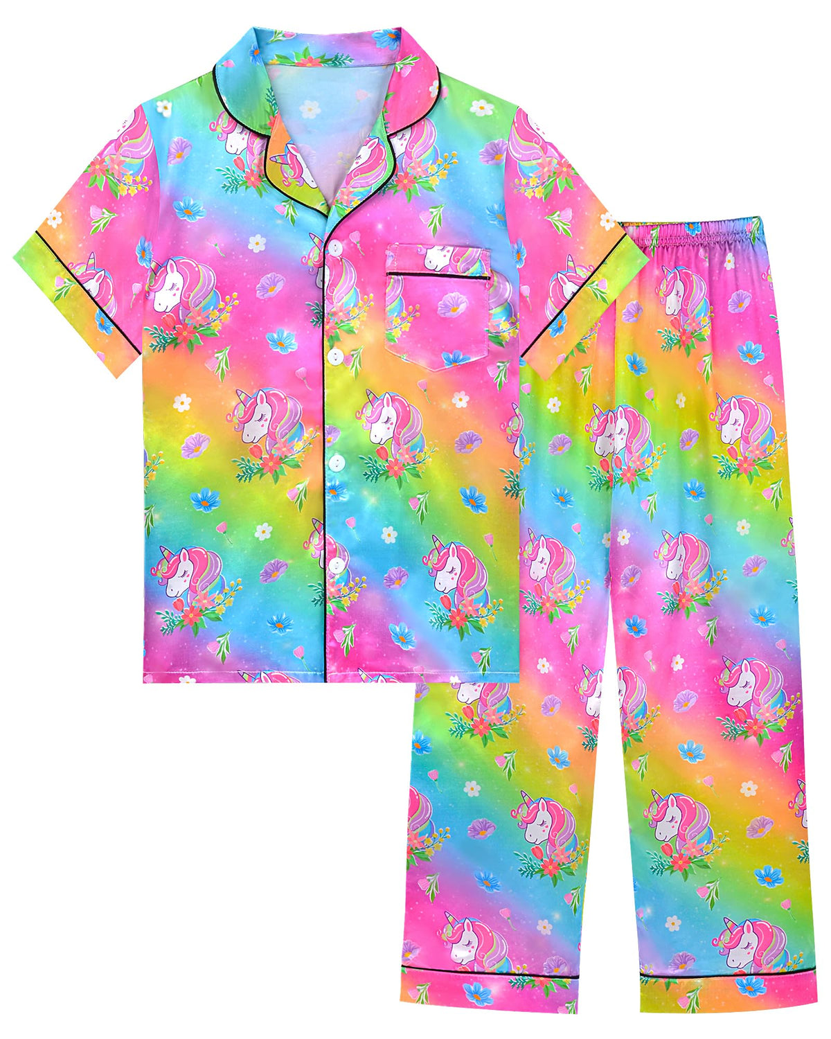 Sylfairy Girls Satin Pajamas Silk PJS Set Rainbow Unicorn Sleepwear Short Sleeve Long Pants Jammies for Toddler Kids