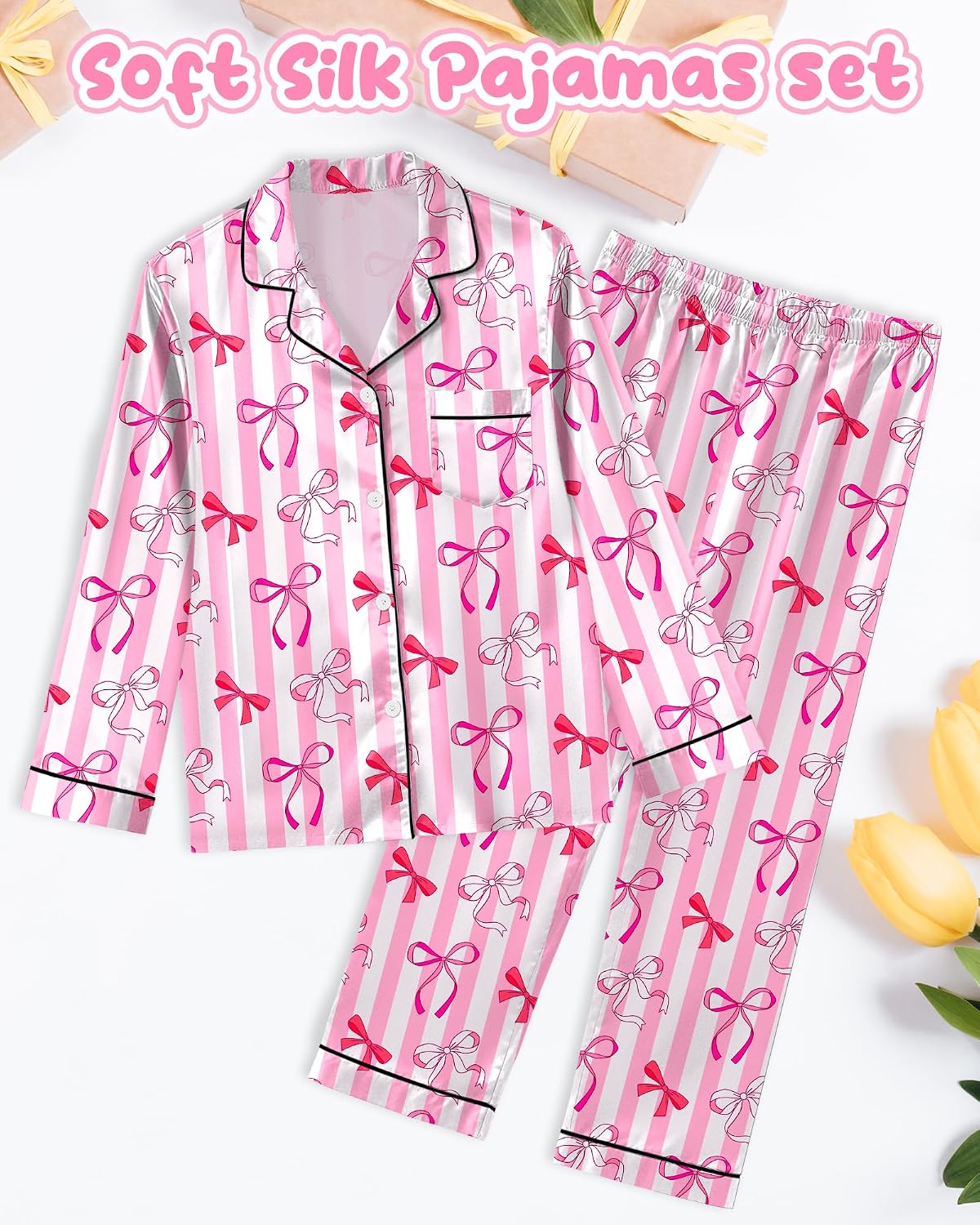 Sylfairy Girls Pajamas Silk PJS Set Satin Sleepwear Long Sleeve Jammies for Kids Button-Down Nightwear Loungewear 3-16 Years