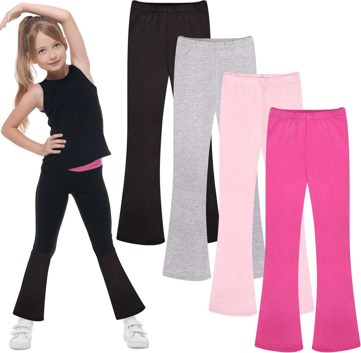 FEQO 4 Pack Girls Flare Leggings Pants Cotton Leggings Bell Bottoms 5-14Y