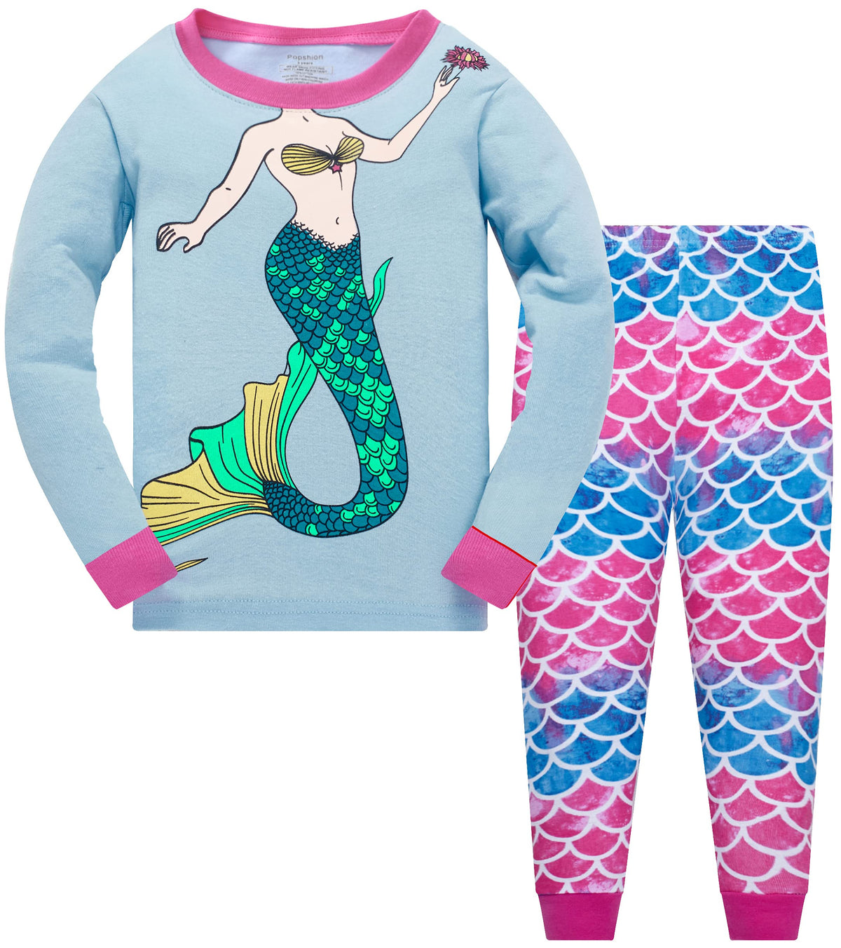 Popshion Little Girls Mermaid Pajamas 2 Piece Set 100% Cotton Sleepwear Toddler Clothes for Kids Baby Ladybug Style PJs