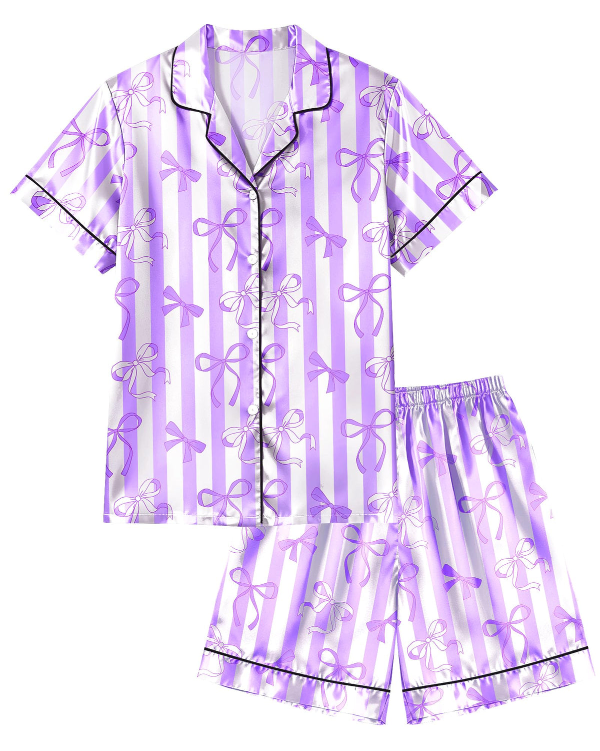 Sylfairy Girls Pajamas Silk PJS Set Bow Satin Sleepwear Short Sleeve Jammies for Kids Button-Down Nightwear size 7-8 10-12