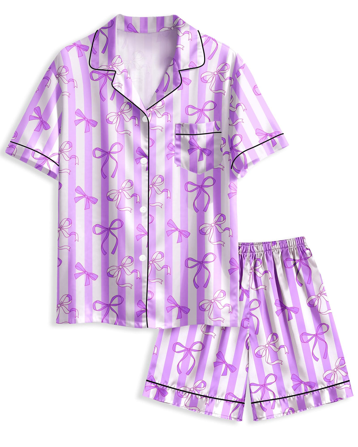 Girls Pajamas Satin Pajama Set Silk Pjs Short Sleeve Button Down Summer Bow Sleepwear for Big Kids 7-14Y