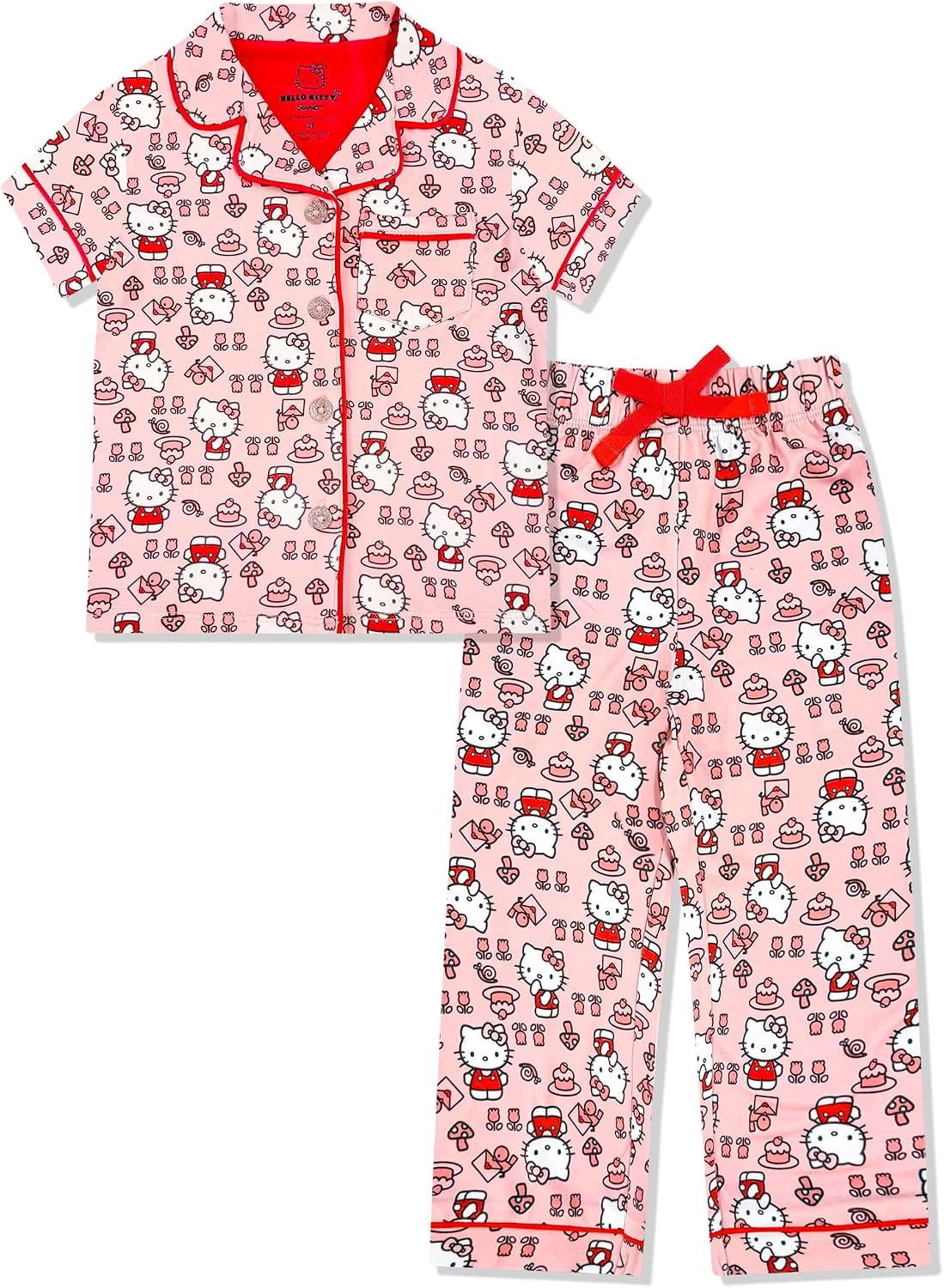Hello Kitty Girls Pajama Set - 2 Piece Short Sleeve Shirt & Pants - Kids Sleepwear PJs - Official License
