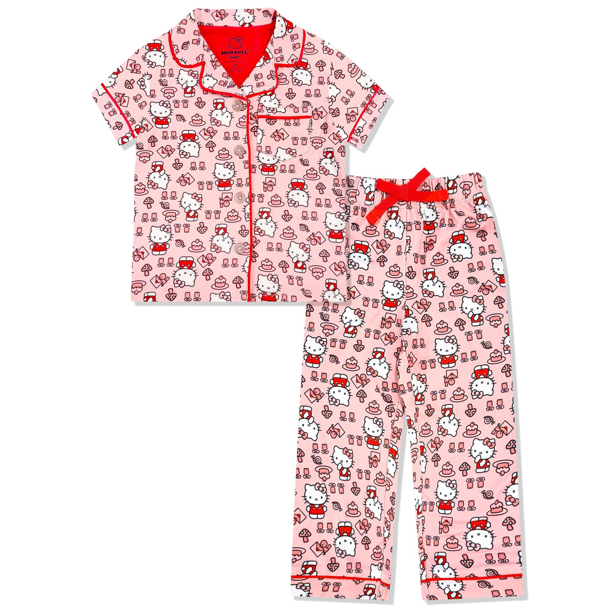Hello Kitty Girls Pajama Set - 2 Piece Short Sleeve Shirt & Pants - Kids Sleepwear PJs - Official License