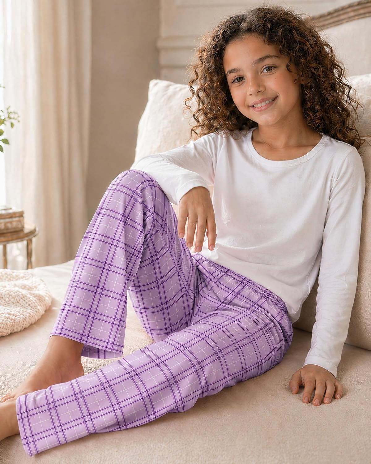 HONGTEYA Girls Christmas Pants with Pockets Soft Long Plaid Bottom