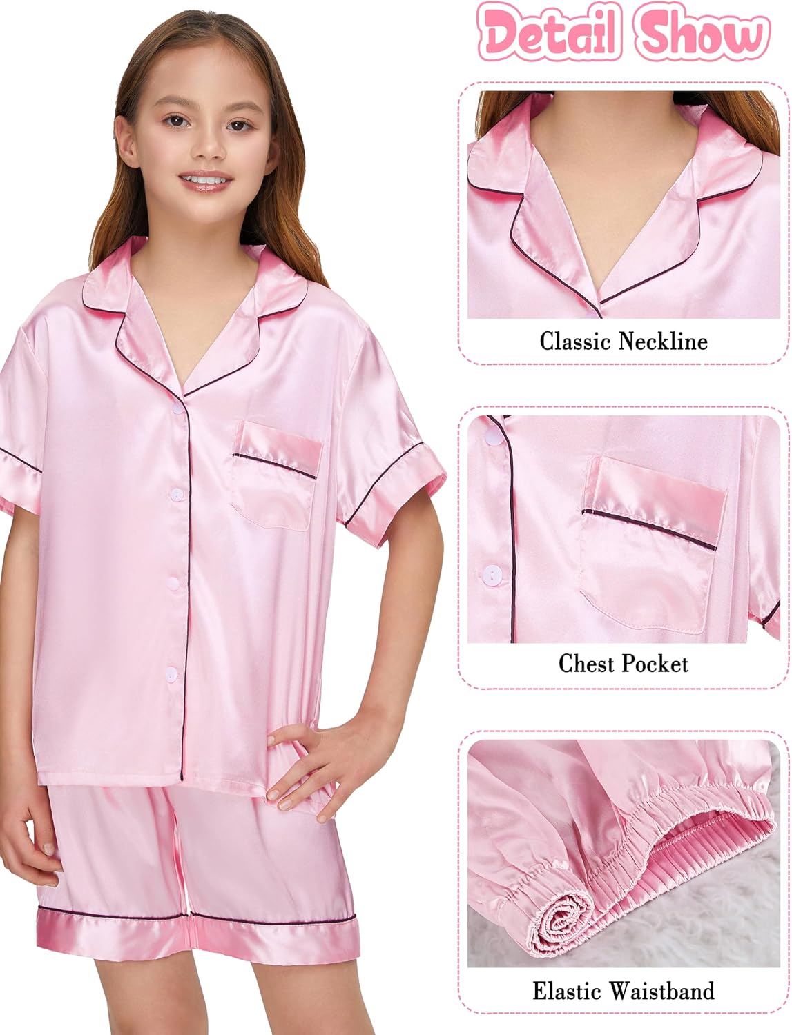 Silk Pajamas for Girls Satin Pajama Kids 3Pcs Short Sleeve Pjs Set