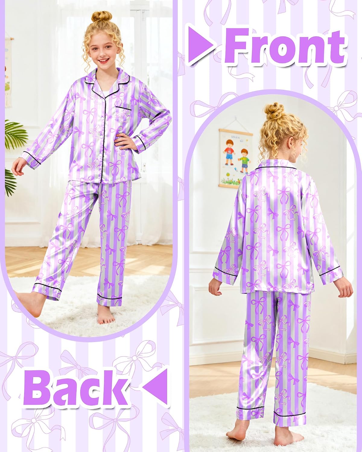 Sylfairy Girls Pajamas Silk PJS Set Satin Sleepwear Long Sleeve Jammies for Kids Button-Down Nightwear Loungewear 3-16 Years