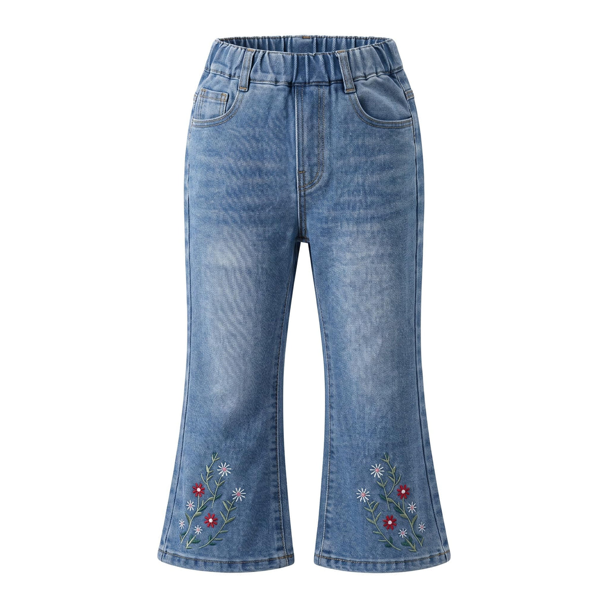 3-9 Years Little Big Girl Flare Jeans Elastic Waist Embroidery Denim Pants