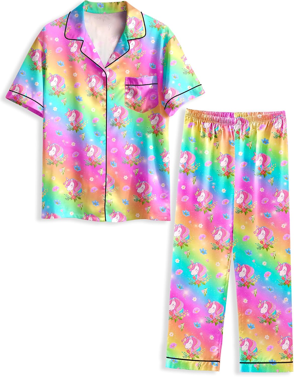 Girls Pajamas Silky Short Sleeve Long Pants Cute Jammies Satin Sleepwear Pjs Set for Toddler Kids 3T-10Y