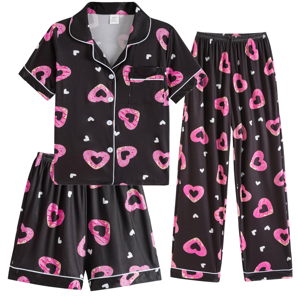 Hupohoi Girls Pajamas 3 Piece Button Down Sleepwear Outfit with Pockets PJS