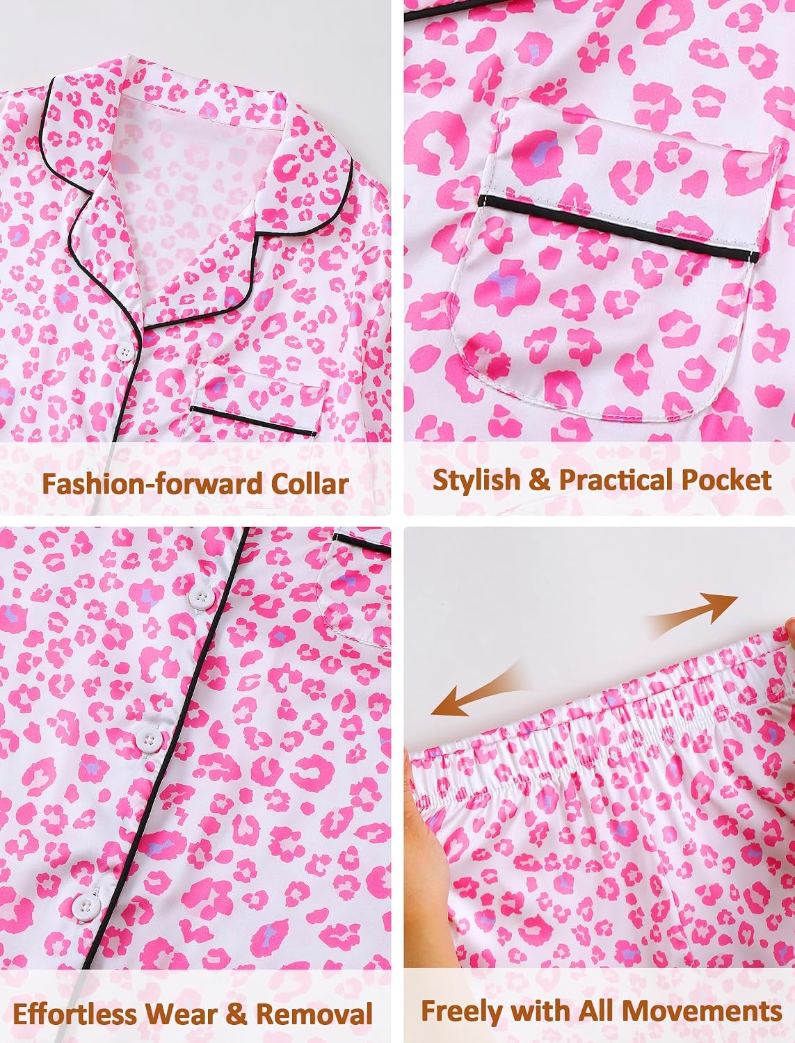 Mikrdoo 3 Piece Girls Silk Satin Pajamas Set Soft Lightweight Button Down Pjs Sleepwear for Kids Size 6-16 Years