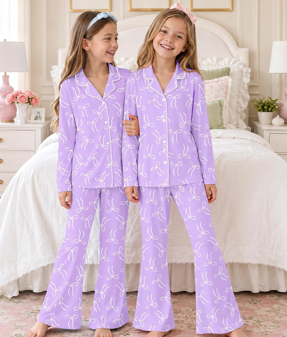 Petite&Me Girls Pajamas, Long Sleeve Button Up Set with Flared Pants 6T-14T