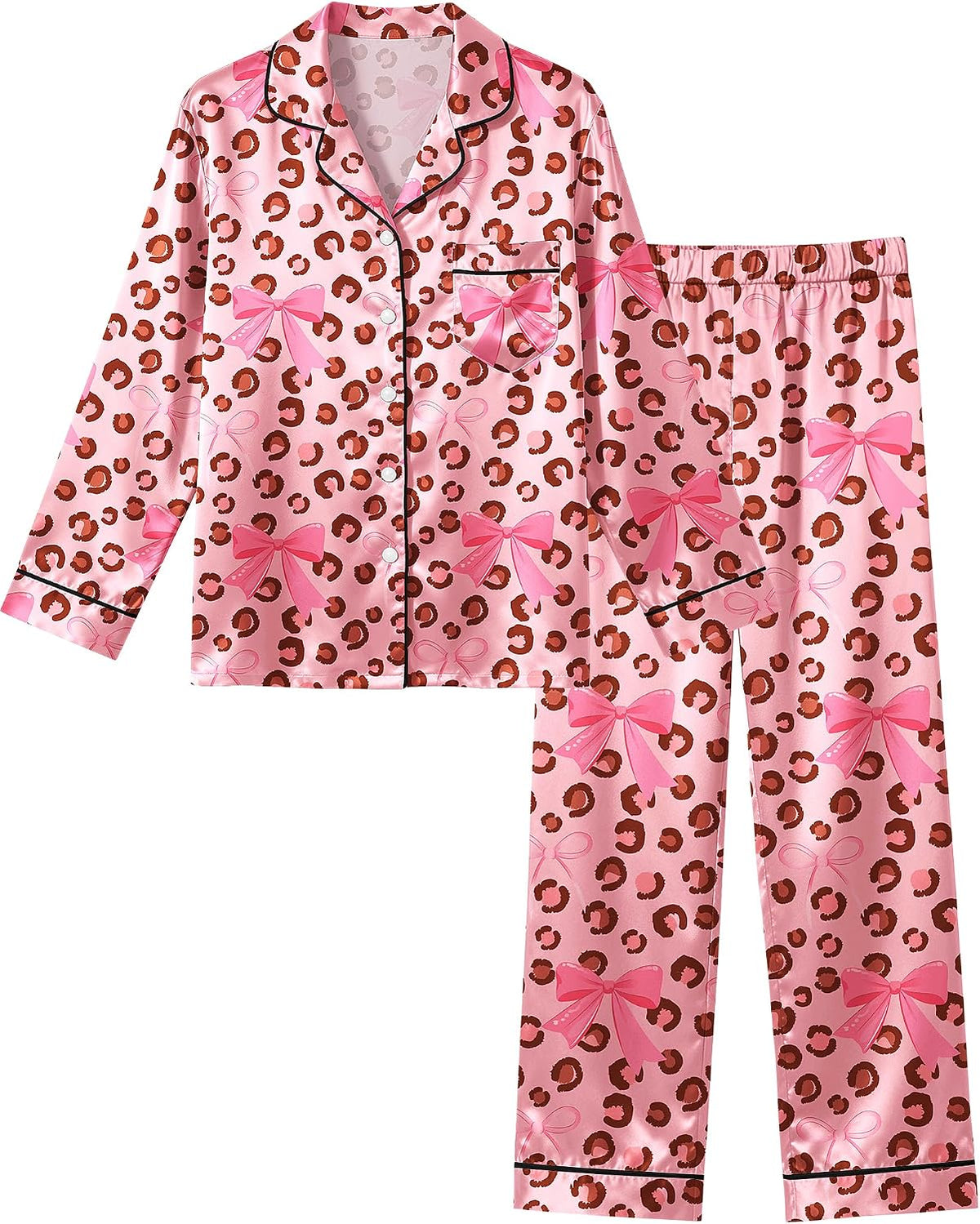 Sylfairy Pajamas Cute Girls Silk Pj Set Long Sleeve and Pants Button Down Sleepwear Lounge Sets for Kids