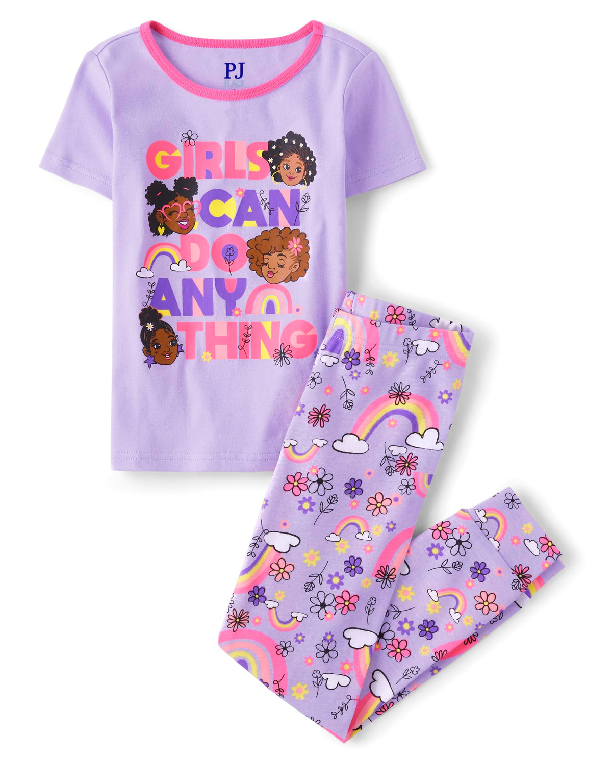 The Children's Place Girls' 100% Cotton Short Sleeve Top and Pants,2 Piece Pajama Set