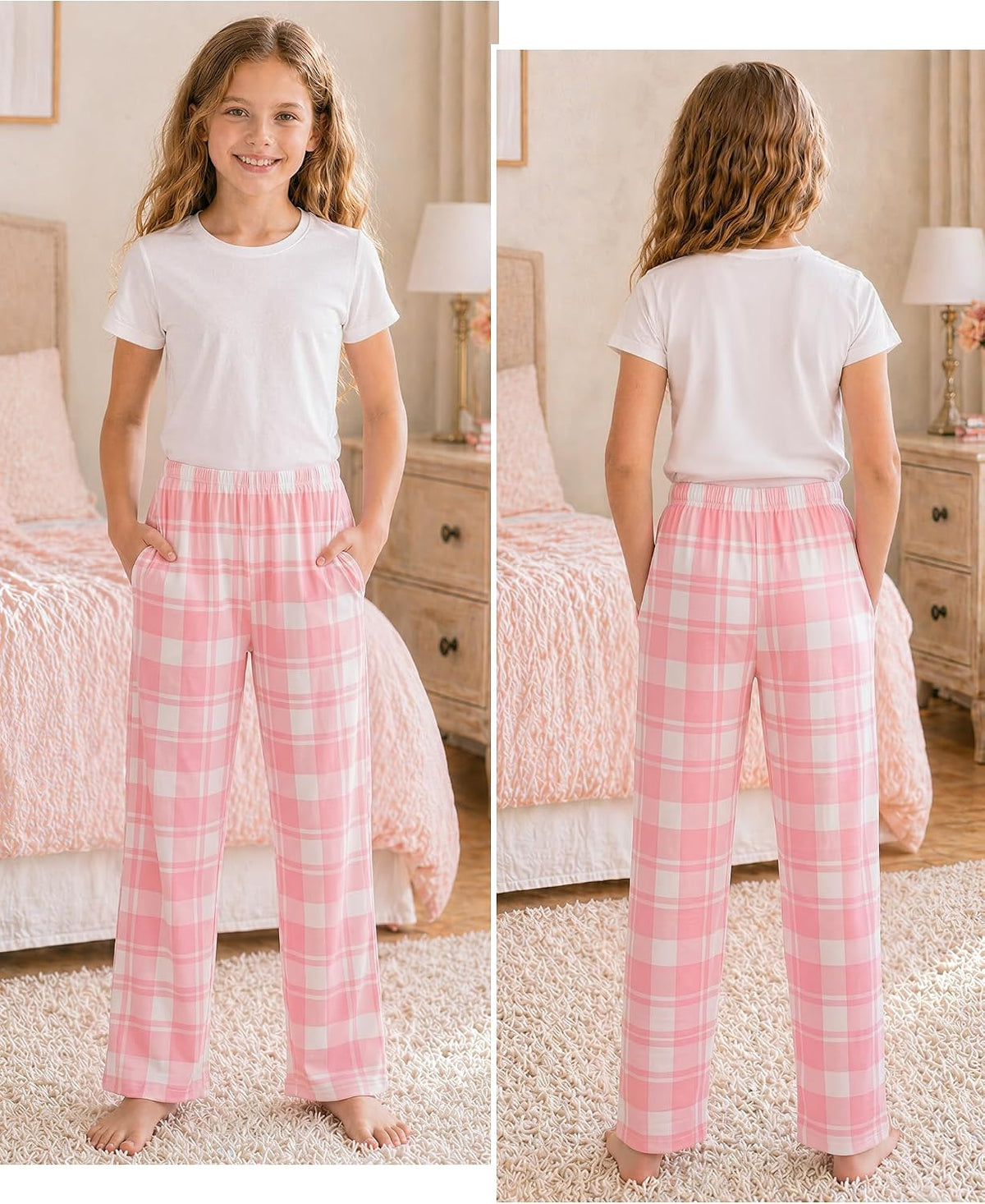 HONGTEYA Girls Christmas Pants with Pockets Soft Long Plaid Bottom