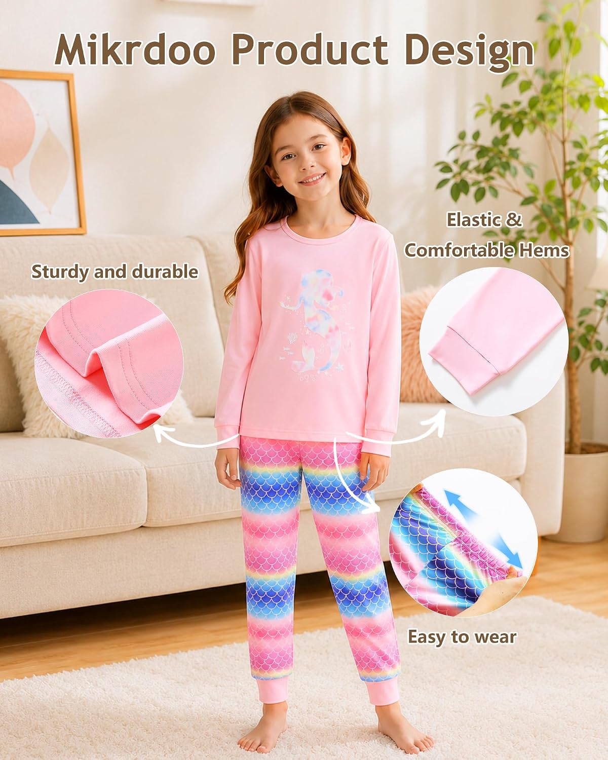 Mikrdoo Girls 2-Piece Pajamas Set Soft Long Sleeve Sleepwear 4-12 Years