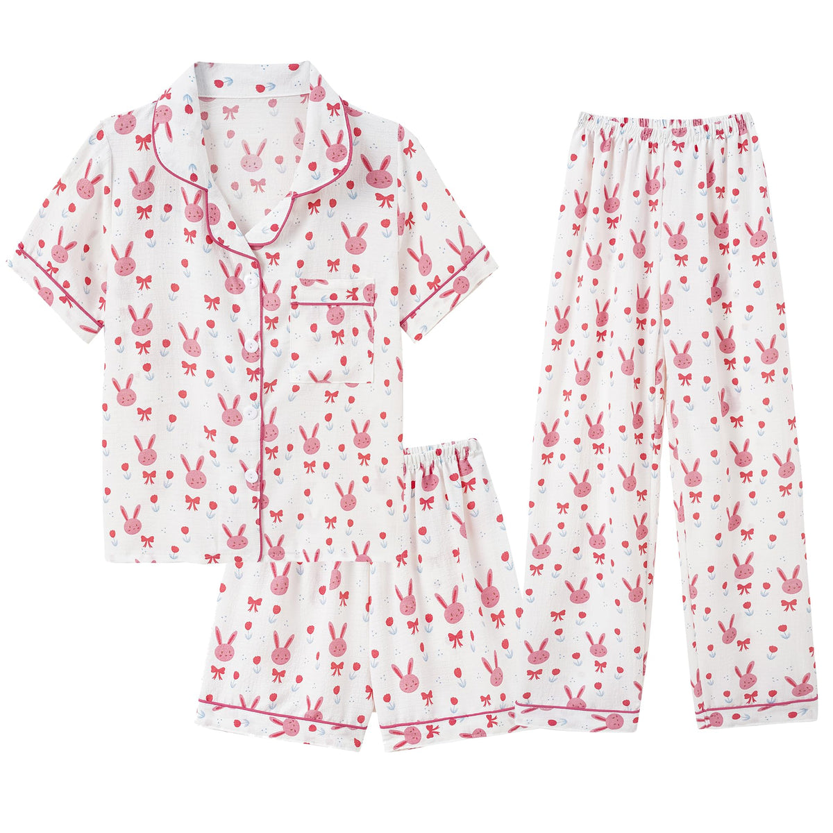 Hupohoi Big Girls Button Down Pajama Set 3pcs Crepe Fabric Sleepwear Nighty