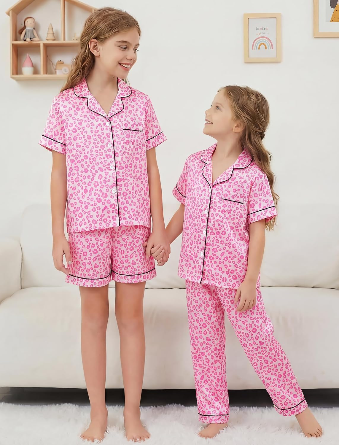 Mikrdoo 3 Piece Girls Silk Satin Pajamas Set Soft Lightweight Button Down Pjs Sleepwear for Kids Size 6-16 Years