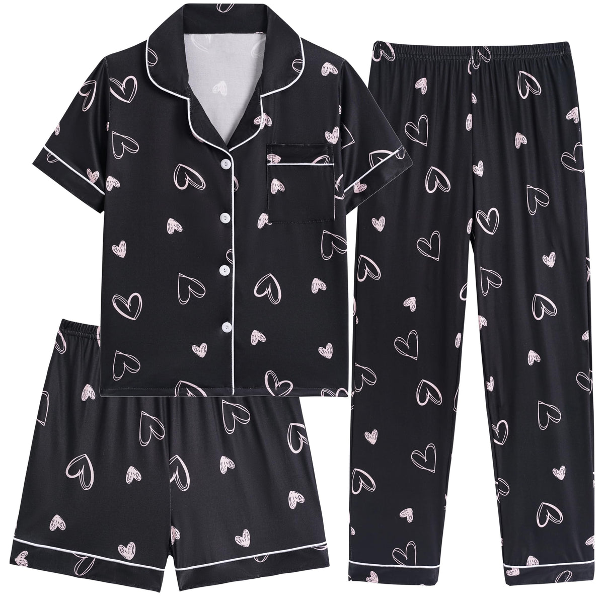 Hupohoi Girls Pajamas 3 Piece Button Down Sleepwear Outfit with Pockets PJS