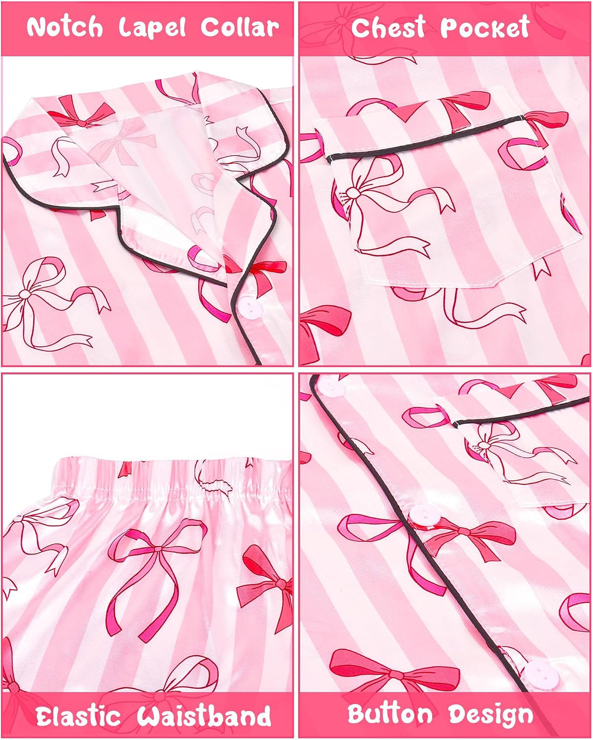 Girls Pajamas Satin Pajama Set Silk Pjs Short Sleeve Button Down Summer Bow Sleepwear for Big Kids 7-14Y