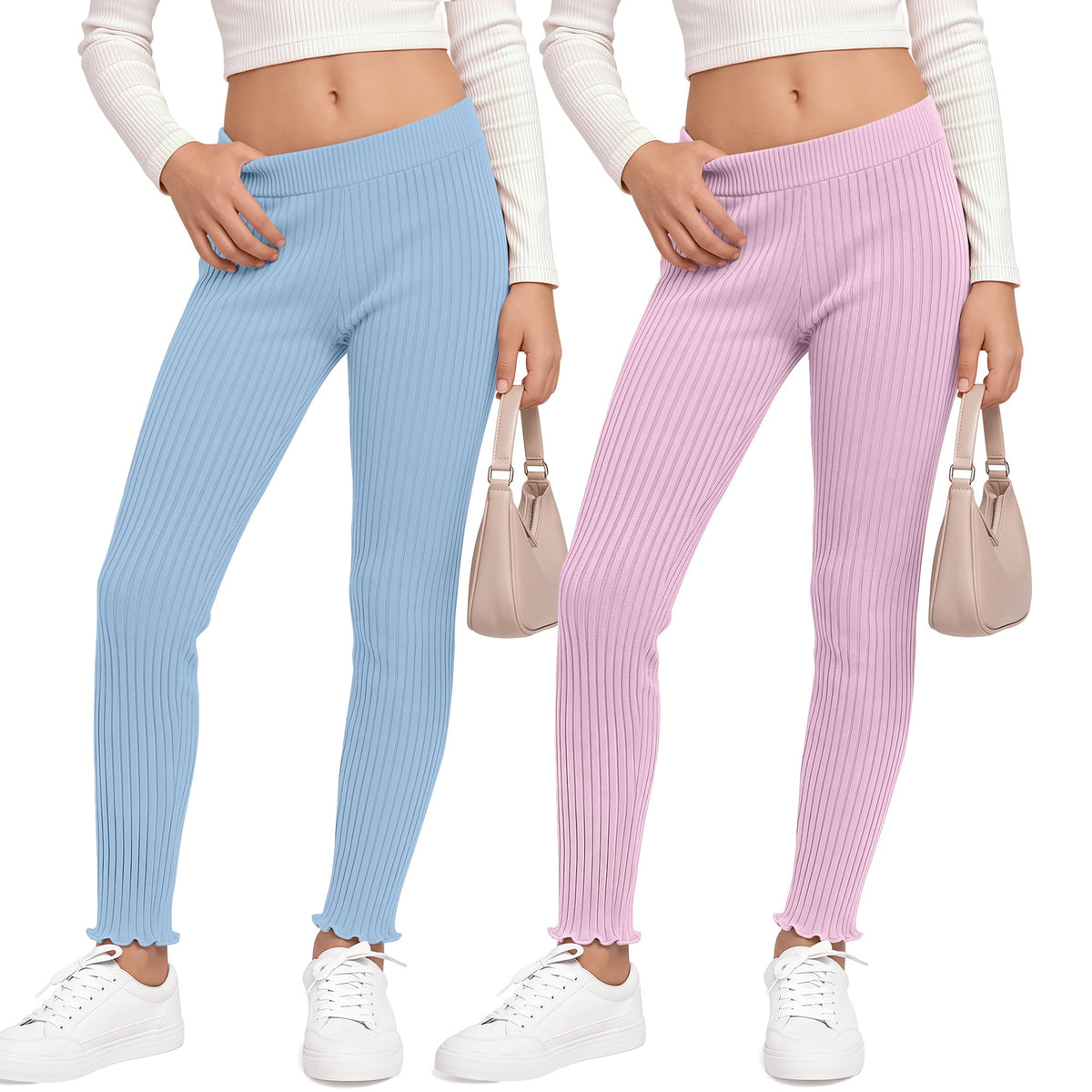 2 Pack Girl's Ribbed Knit Leggings Ruffle Tights