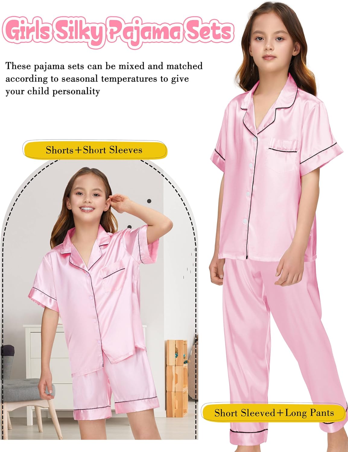 Silk Pajamas for Girls Satin Pajama Kids 3Pcs Short Sleeve Pjs Set