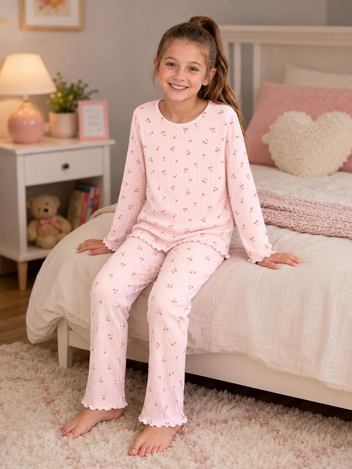 Beezizac Girls Pointelle Pajamas Long Sleeve Wide Leg 2-Piece Set Size 6-18