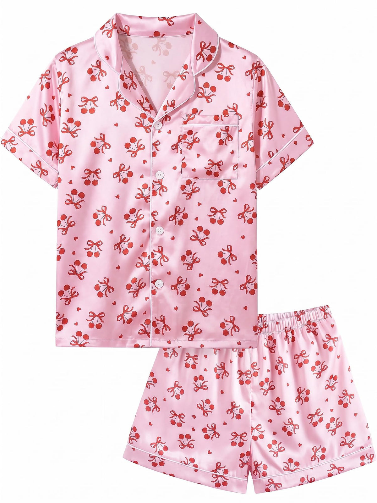 Basumee Girls Satin Pajamas Set, Silky Kids Sleepwear PJs for Teen 8-15Y