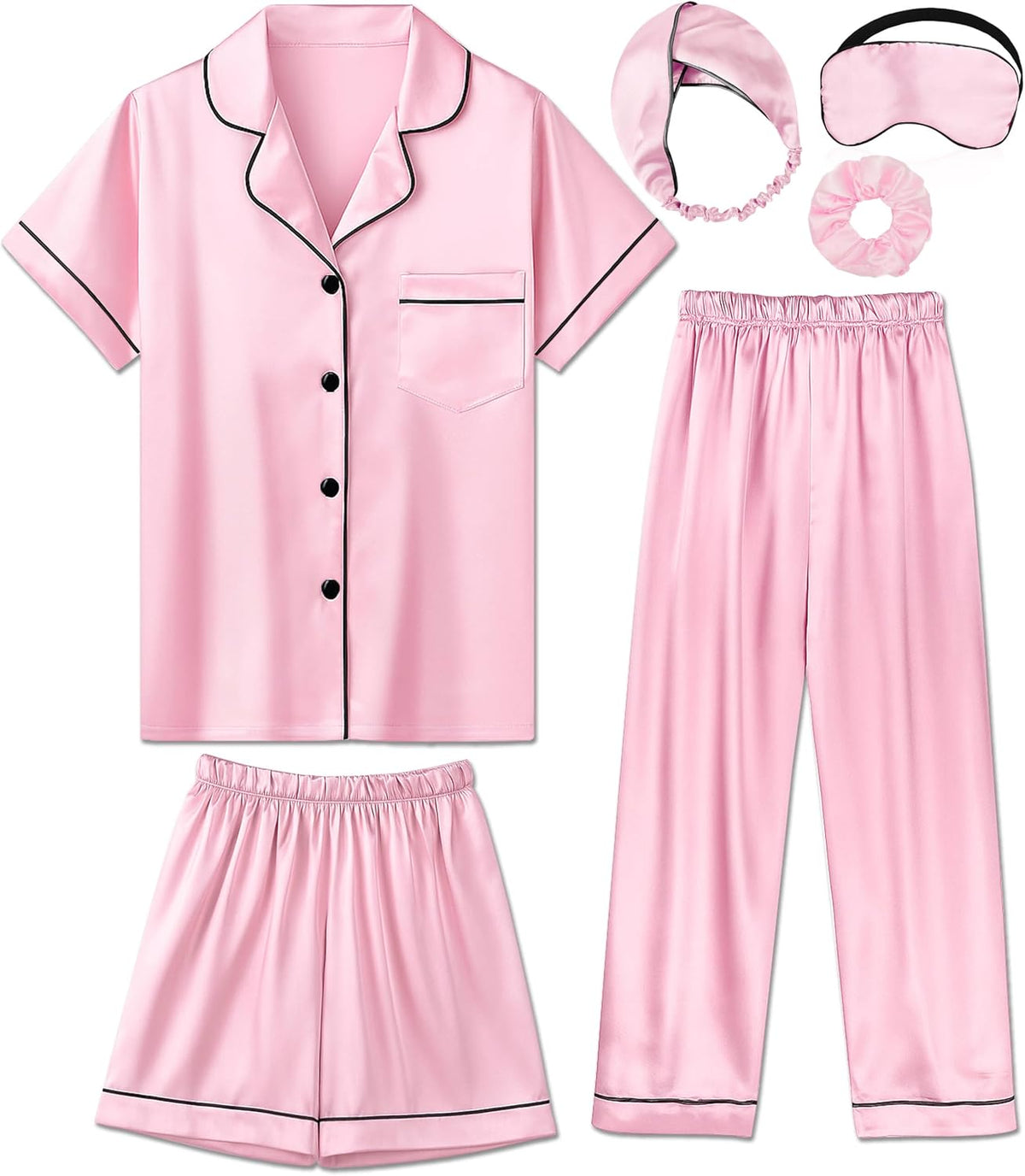 Silk Pajamas for Girls Satin Pajama Kids 3Pcs Short Sleeve Pjs Set