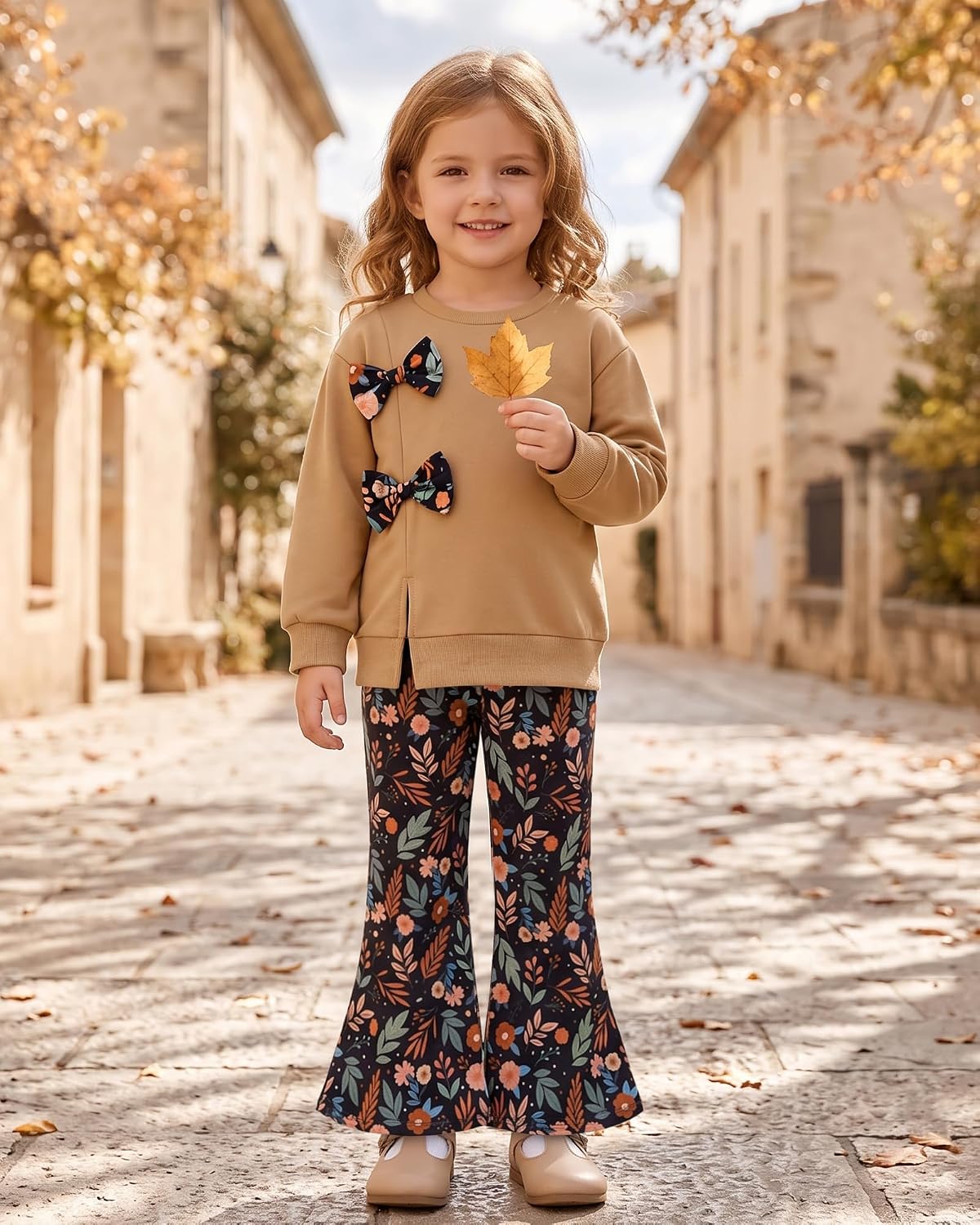SANMIO Toddler Girls Clothes Fall Long Sleeve Top Floral Flare Pants 2Pcs