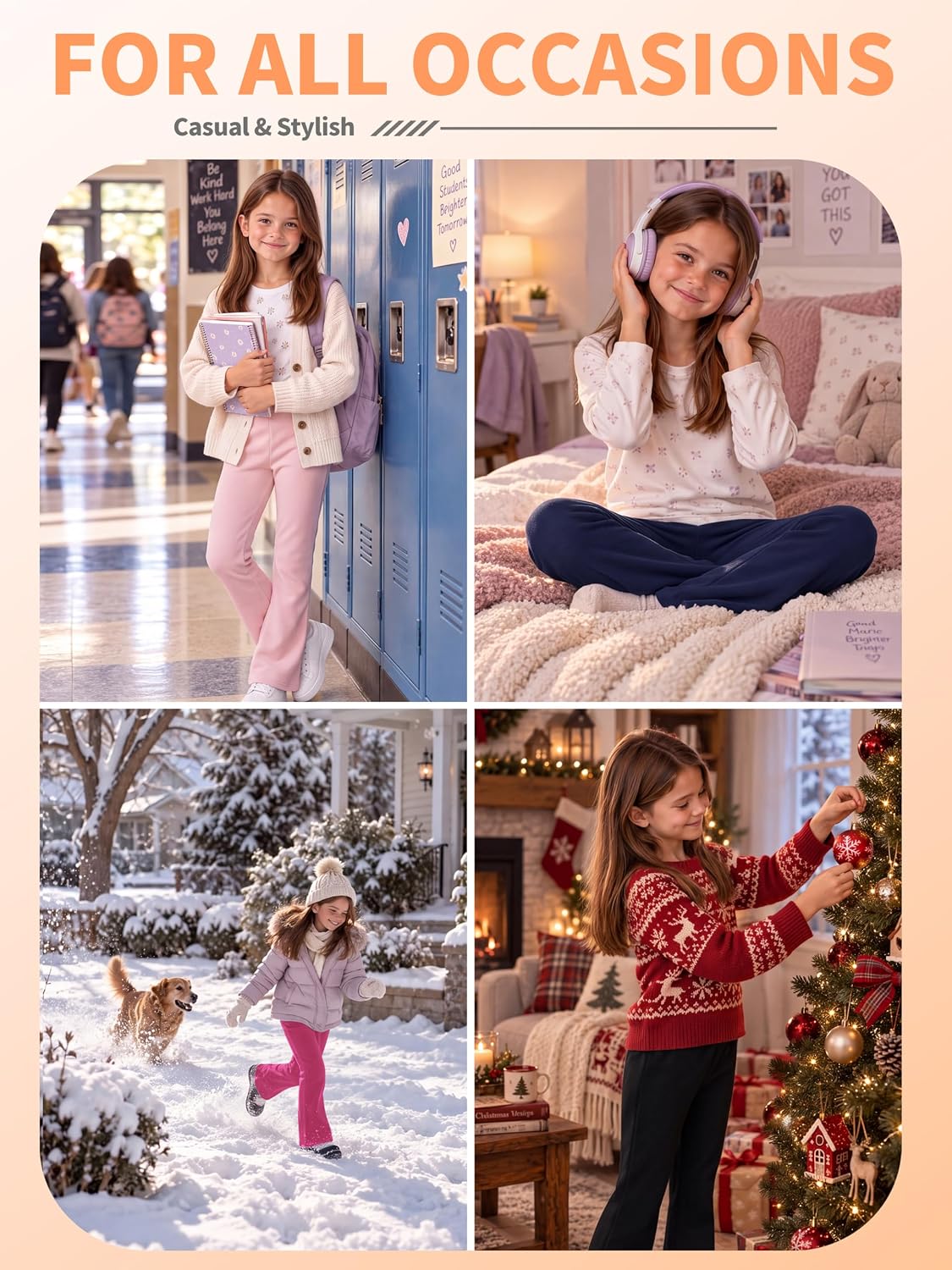 Poroka 4 Pack Girls Fleece Lined Flare Leggings Winter Bell Bottom Pants