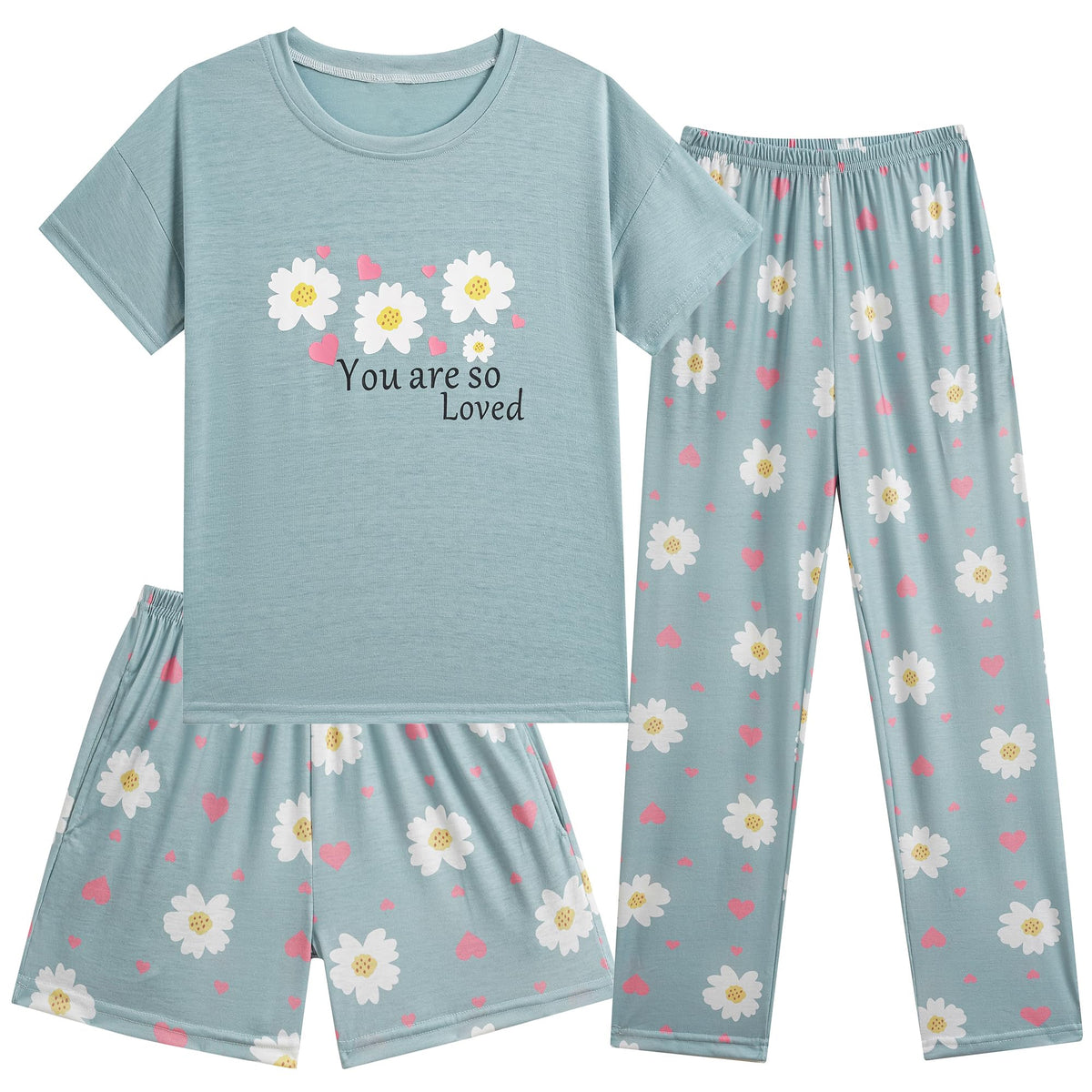 Hupohoi Girls Pajama Sets Summer Short Sleeve With Shorts & Pants Sleepwear
