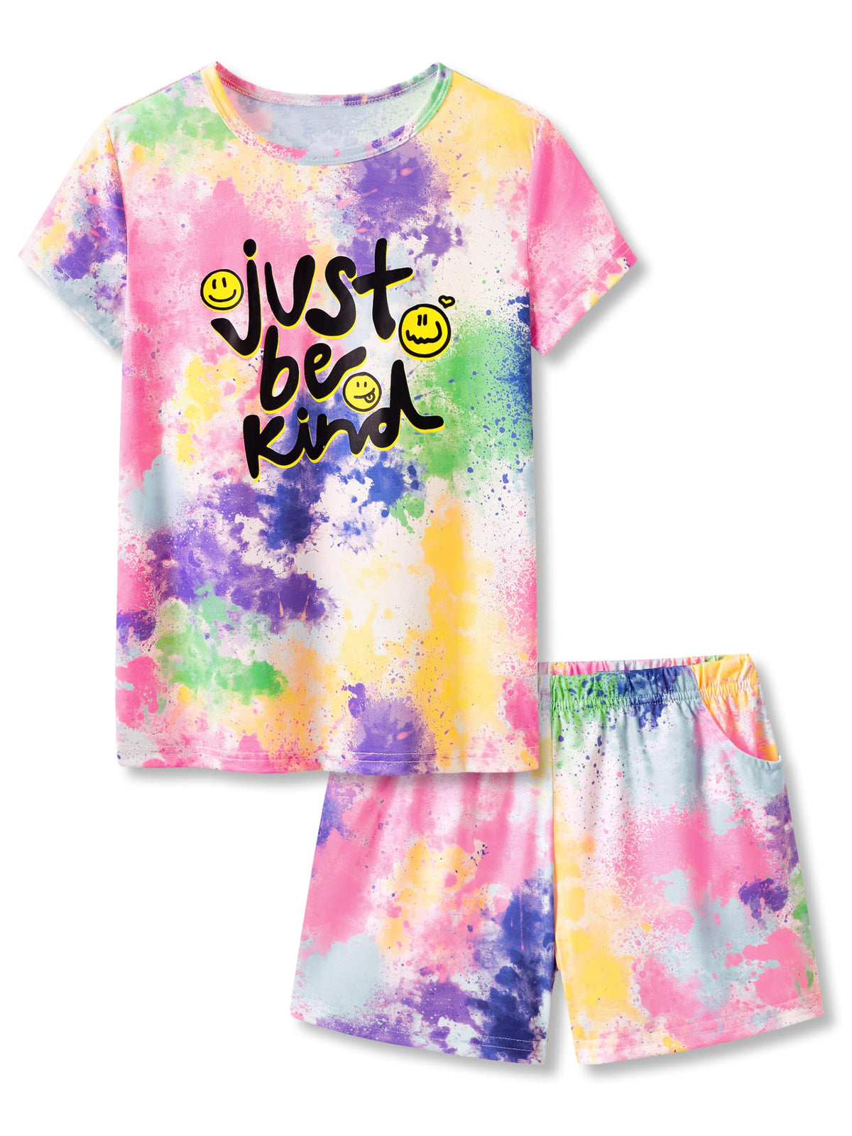 Beezizac Girls Pajamas Neon Tie Dye Spiral Capybara Smiling Face Print T-shirt & Shorts 2-Piece Soft PJ Set Size 6-18
