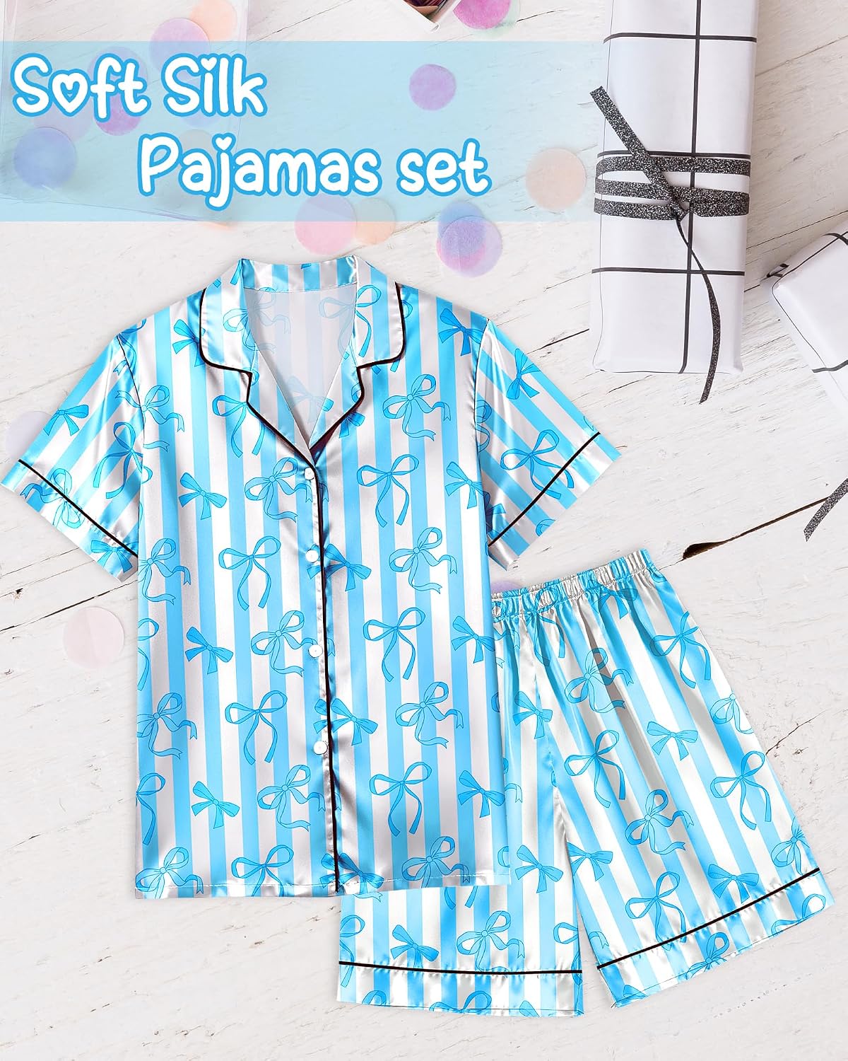 Sylfairy Girls Pajamas Silk PJS Set Bow Satin Sleepwear Short Sleeve Jammies for Kids Button-Down Nightwear size 7-8 10-12