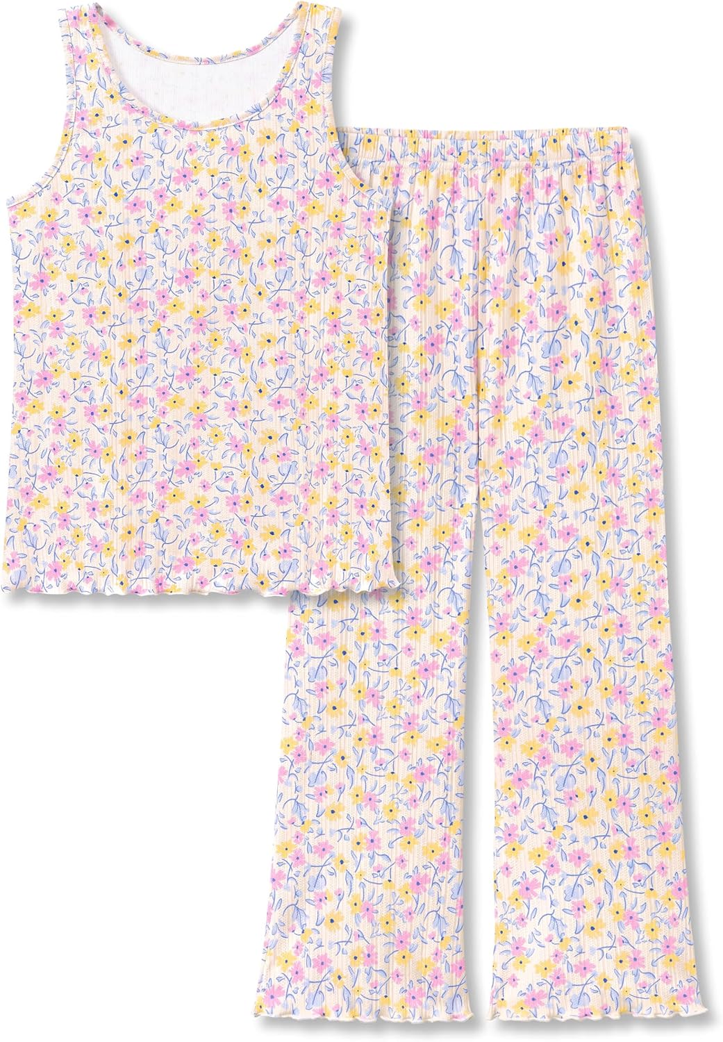 Beezizac Girls Pointelle Pajamas Floral Tank and Wide Leg Pants Size 6-18