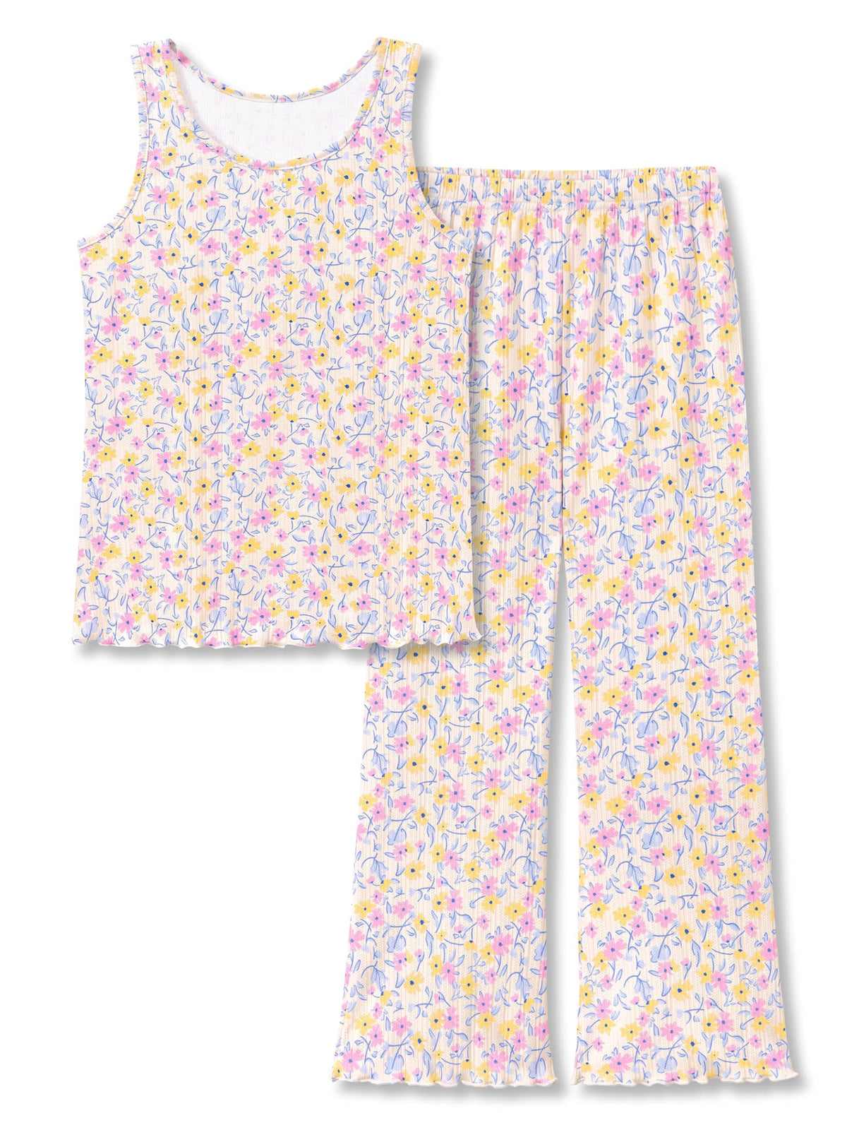 Beezizac Girls Pointelle Pajamas Floral Tank and Wide Leg Pants Size 6-18