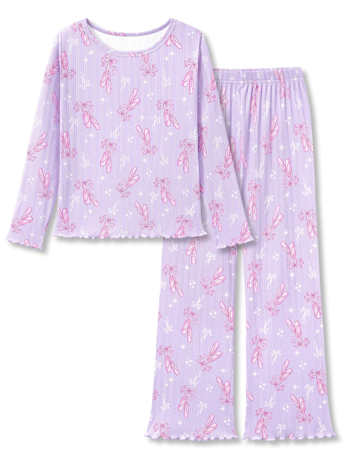 Beezizac Girls Pointelle Pajamas Long Sleeve Wide Leg 2-Piece Set Size 6-18