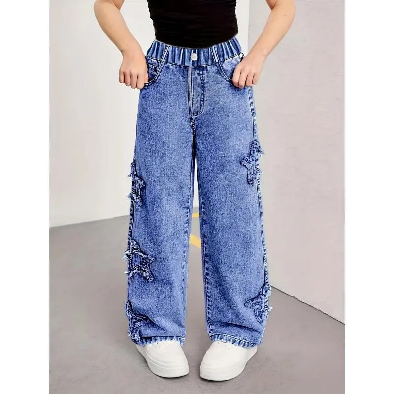 Girls' Y2K-Style Basic Blue Denim Straight-Leg Jeans - 1 Pair, Multi Pockets, Star Patterns, Button Closure, All-Seasons Casual Long Pants